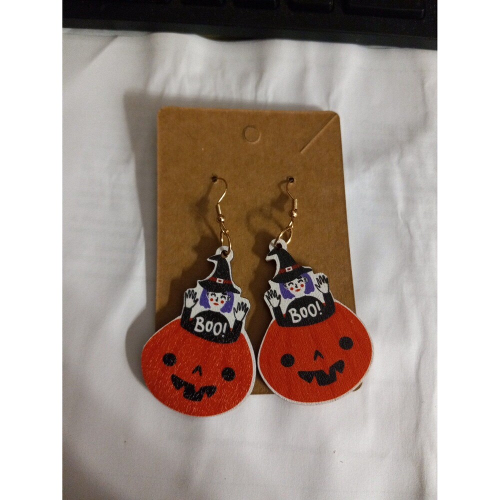 Halloween Dangle Earrings Jack-o-Lantern Witch Boo Wooden 3 Inch Drop